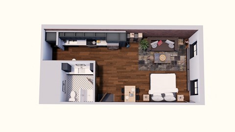 Floor plan for studio, 1 bath, 636 sqft